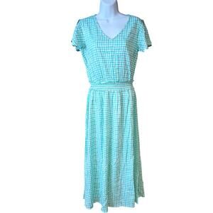 Candace Cameron Bure green and white gingham smocked midi dress sz XXS